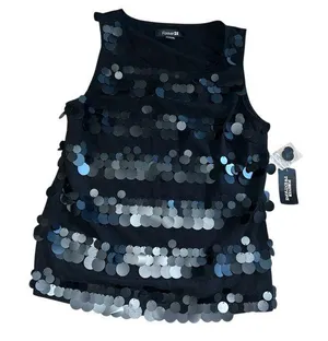 Forever 21 Womens Tank Top Black Striped Sleeveless Scoop Neck Sequin Chiffon S thumbnail 1