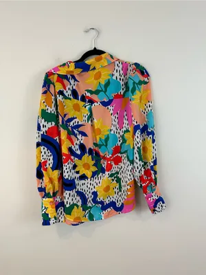 BTFMB Colorful Mixed Pattern Long Sleeve Button Down Blouse Size Medium White thumbnail 5