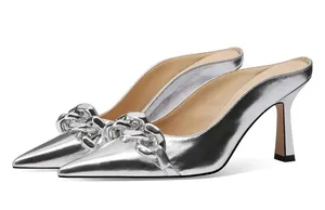 JiaBinji Heeled Mules Chain Embellished Pointed Toe Stiletto Mules for Women Slip on Backless Party Bridal Shoes Silver Size 5.5 thumbnail 1