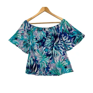 Lilly Pulitzer Top Womens Medium Blue Floral Tropical Coastal Peasant Boho Beach thumbnail 2