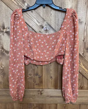 Elodie Women’s Medium Rust Floral Crop Top Long Sleeve Square Neck Boho Blouse(9 thumbnail 1