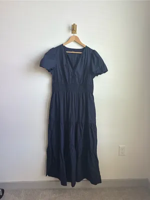 Quince 100% Organic Cotton Poplin Tiered Maxi Dress Navy Blue Size L thumbnail 9