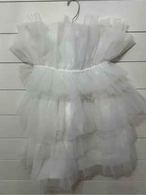 strapless, tiered white tulle mini dress thumbnail 1