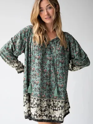 Natural Life Dara V Neck Tunic Dress Long Puff Sleeves Sage Green Floral Xl thumbnail 1