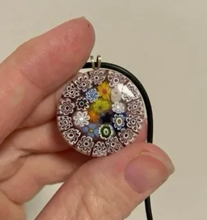 Millefiori Glass Charm Pendant Necklace Vintage “Dahlia” Leather Strand Italian Classi thumbnail 7