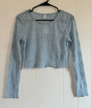 NWT BP. Nordstrom Light Blue Floral Lace Long Sleeve Crop‎ Top Size S thumbnail 1