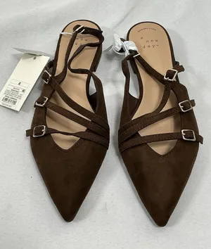 Womans New A New Day Twiggy Strappy Sling back Flats Size 6 Brown Pointed Toe thumbnail 1