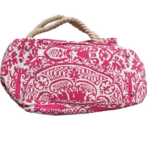 Donna Dixon Pink White Damask Canvas Rope Tote Bag Beach Resort Boho 18x18 thumbnail 3