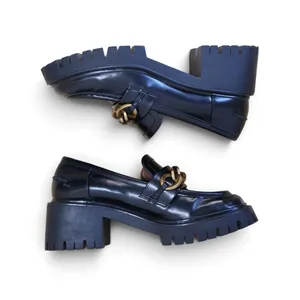 Zara Platform Penny Loafers Black Chunky Academia Vegan Leather Gold Chain 36 thumbnail 4