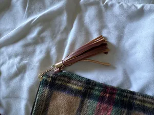 Plaid Wool Crossbody or Wristlet Bag with Brown Leather Tassel Zipper Pull thumbnail 5