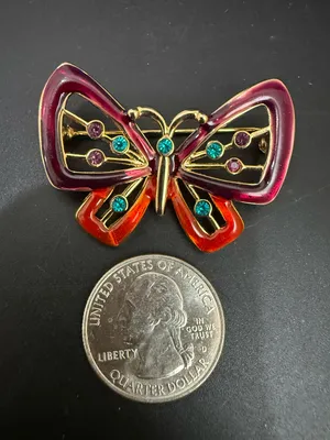 Vintage Gold-tone Red/Plum Butterfly Brooch thumbnail 2