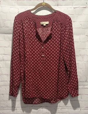 LOFT Deep Red Patterned Long Sleeve Lightweight Blouse‎ Woman’s Size Medium thumbnail 1
