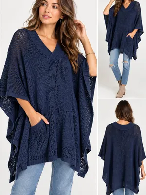L’ogan Navy Blue Open Knit Oversized Poncho Sweater V Neck. Size One Size thumbnail 2
