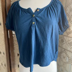 Pilcro by Anthropologie Blue Puff Sleeve Henley thumbnail 1