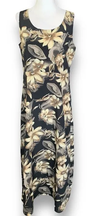 Vintage 90s Maxi Dress Black Tropical‎ Dark Floral Brown Sleeveless Bow Detail thumbnail 1