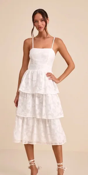 ✨ Lulus Grace and Beauty‎ White Burnout Floral Tiered Midi Dress XS ✨ thumbnail 1