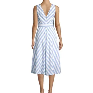 Kate‎ Spade Deck Blue White Stripe Linen Blend V Neck Midi Dress Size 6 Belted! thumbnail 2