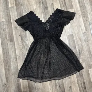 Vintage Y2K Black Sheer Swiss Dot Lace Flutter Sleeve Mini Slip Dress M thumbnail 2