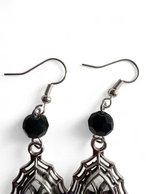 Handmade Silver Spiderweb Spider Black Bead Earrings thumbnail 4