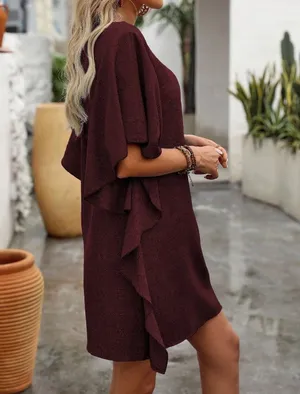 Burgundy Batwing Sleeve V-Neck Short Knit Dress thumbnail 3
