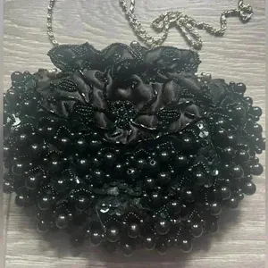 Vintage Style Black 20s Flapper Beaded Bag Removable Silver Strap Costume Party thumbnail 4