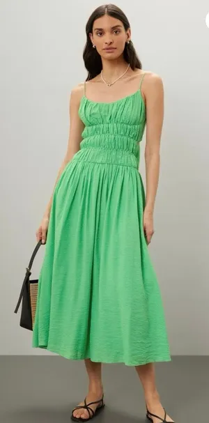 ASTR Bright Green Smocked Bodice Square Neck Tie Back Closure Midi Dress sz XS thumbnail 1
