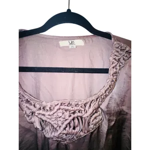 Ya Los Angeles Taupe Satin Blouson Mini Dress Macrame Embroidered Neck Boho Sz M thumbnail 3