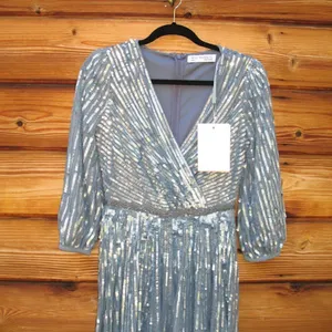 Mac Duggal Size 4 Blue Sequin Wrap Over 3/4 Sleeve Maxi Dress Gown thumbnail 6