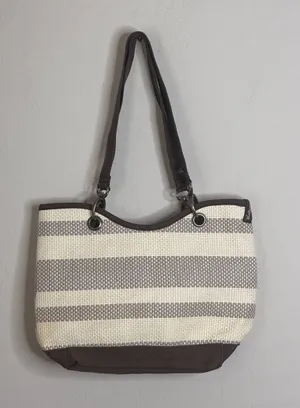 Thirty-One Canvas Crew Mini Taupe Straw Stripe Tote Bag Purse Beige Brown Bag thumbnail 1