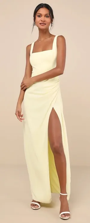 Lulus Glamorous Disposition Light Yellow Ruched Maxi Dress Size Small NWT thumbnail 1