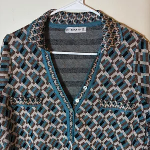 Zara Knit Jacquard‎ Dress Long Sleeve Geometric Print Mini Teal Brown Size Small thumbnail 3