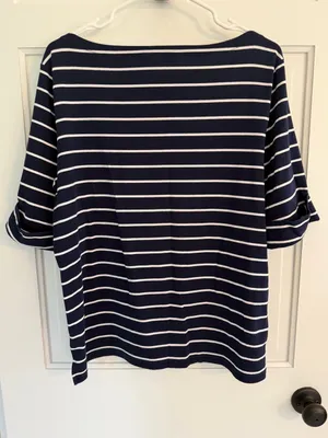 Lauren Ralph Lauren Navy White Striped Bell‎ Sleeve Boat Neck Top M thumbnail 3
