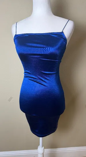 H&M Divided Bright Blue Stretch Satin Bodycon Mini Dress Size XS New NWT thumbnail 1