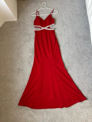 Red David's Bridal Prom Dress Long thumbnail 2