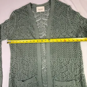 Pink Rose Sage Green Open Knit Longline Cardigan Duster with Pockets thumbnail 6