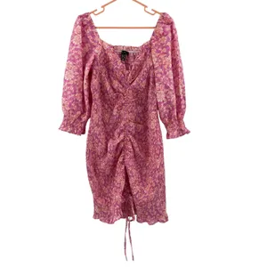 ASOS x NEW LOOK Dress Size 6 Smocked Floral Ruched Pink Orange Mini Sweetheart thumbnail 3
