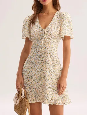 Rihoas Yellow Floral V-Neck Mini Dress thumbnail 1