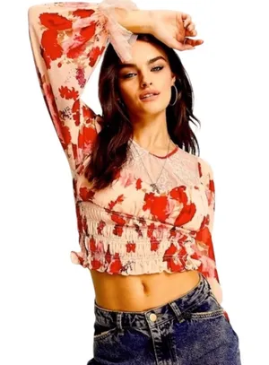 Free People Daphne Romantic Combo Blouse Size M Pink Red thumbnail 1