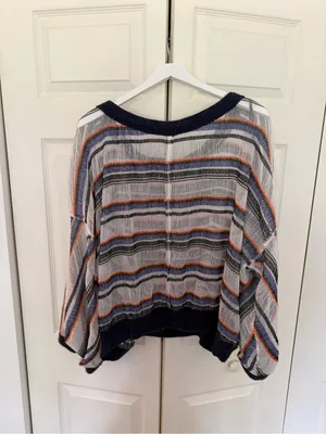 Free People Oversized Striped Boatneck Sweater Slightly Sheer Navy Blue Large thumbnail 8