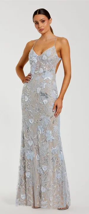 NWOT MAC DUGGAL Blue Size 4 Sleeveless Sequin Beaded Open Back Column Gown FLAW thumbnail 1