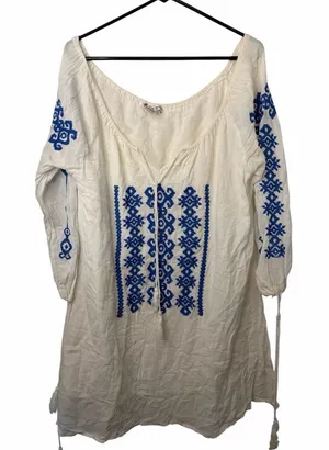 Cute Options White Gauze Tunic Drew with Blue Embroidery thumbnail 1