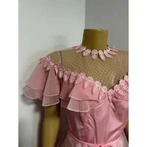 Vintage 70s Pink Maxi Dress Lace Mesh Yoke Flutter Sleeve Romantic Prom 9/10 thumbnail 3