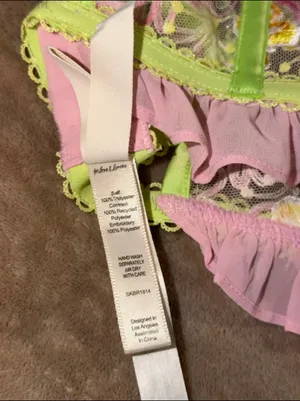 Exclusive For Love & Lemons & Victoria's Secret. Pink bra with yellow & orange floral embroidery and green trim #lingerie #floral thumbnail 7