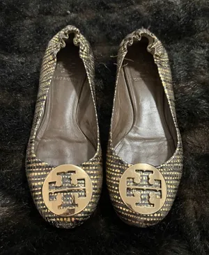 Tory Burch Reptile Embossed Reva Ballet Flats Metallic Gold Black 6 thumbnail 1