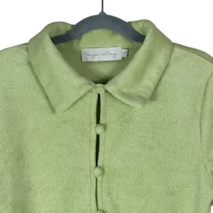 Beige Botany Terry Cloth Crop Top Womens S Pastel Green Button Front Collared thumbnail 3