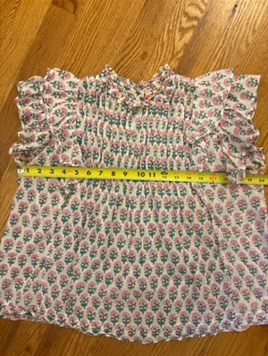 Oliphant Floral Smocked Ruffle Blouse Pink Teal Cottagecore Boho Top | S thumbnail 8