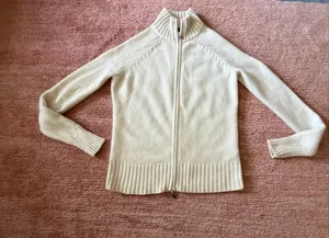 Lord & Taylor Washable 2-Ply Cashmere Full Zip Sweater Petite M Cream thumbnail 2