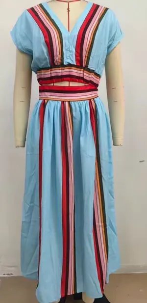 Rosa Clothing Boho Color Block Stripe V Neck Top Skirt Set Medium thumbnail 1