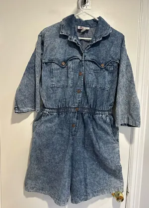 VTG 80s Denim Sz:L Acid Wash One Piece Shorts Jumpsuit Rockabilly utility-style thumbnail 1