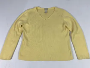 LL‎ Bean Sweater Womens XL Yellow Ribbed Knit V Neck Long Sleeve Cotton Pullover thumbnail 1